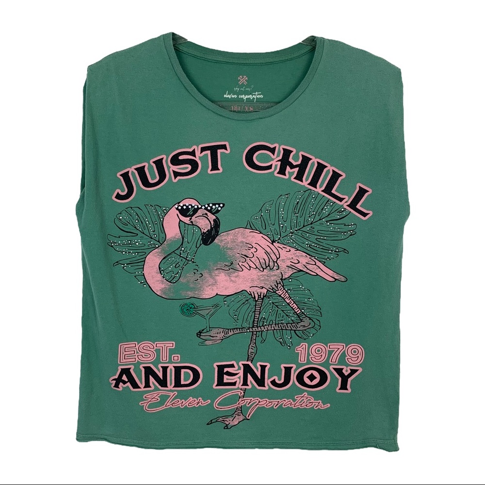 Green Embellished Graphic Muscle Tee XS Pink Flamingo